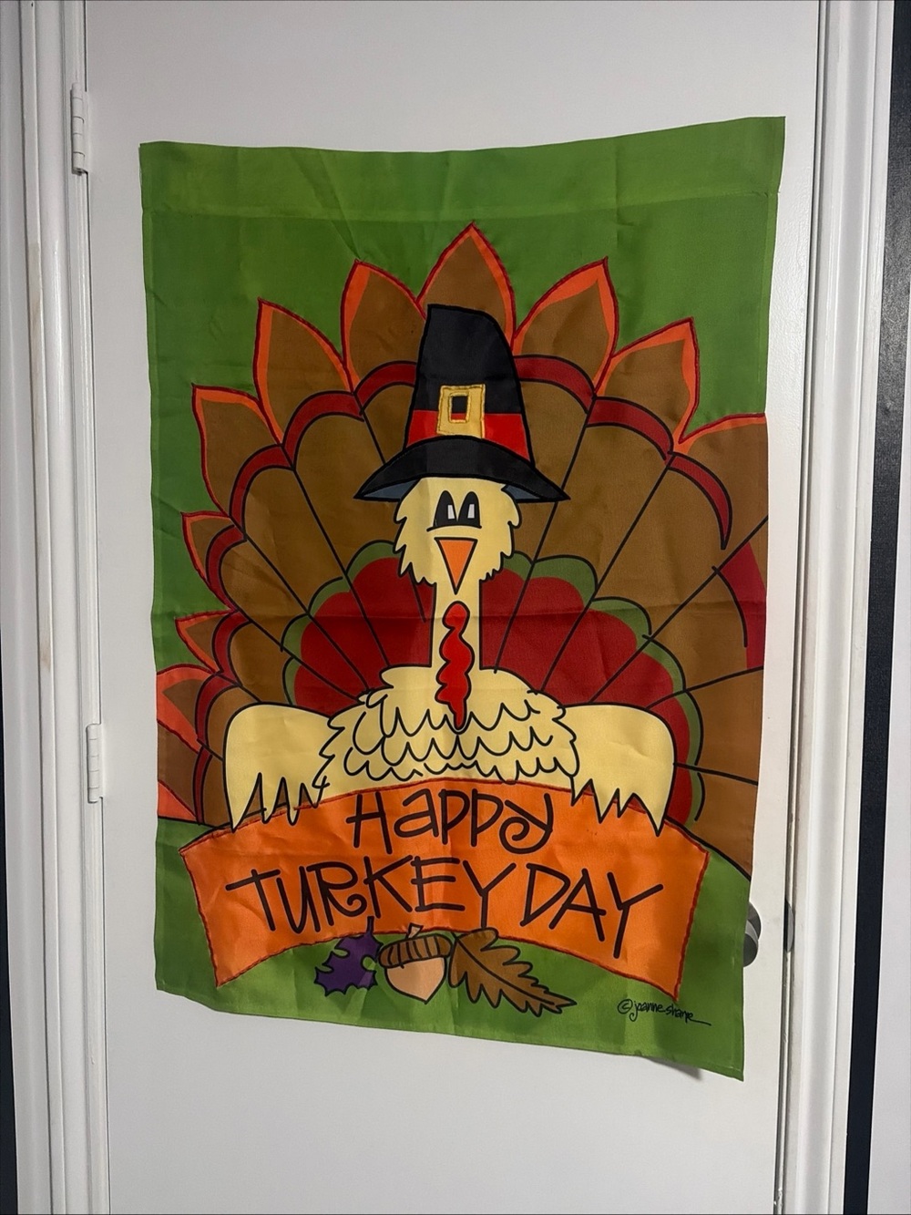 Thanksgiving Turkey Pilgrim Hat Flag Joanne Sharpe Happy Turkey Day 28" x 40"